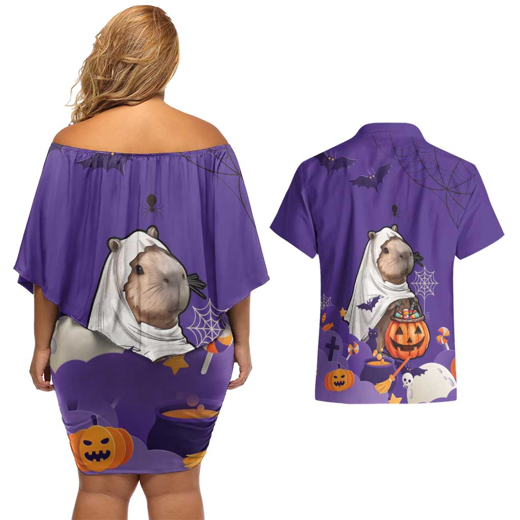 Capy-Boo-Ra Halloween Couples Matching Off Shoulder Short Dress and Hawaiian Shirt Bats And Pumpkins Funny Style - Wonder Print Shop
