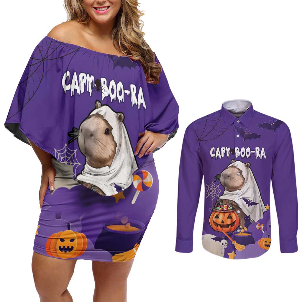 Capy-Boo-Ra Halloween Couples Matching Off Shoulder Short Dress and Long Sleeve Button Shirt Bats And Pumpkins Funny Style - Wonder Print Shop