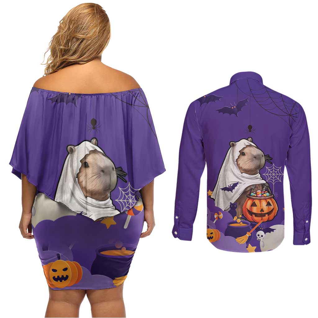 Capy-Boo-Ra Halloween Couples Matching Off Shoulder Short Dress and Long Sleeve Button Shirt Bats And Pumpkins Funny Style - Wonder Print Shop