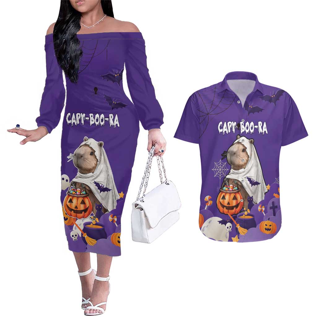 Capy-Boo-Ra Halloween Couples Matching Off The Shoulder Long Sleeve Dress and Hawaiian Shirt Bats And Pumpkins Funny Style - Wonder Print Shop