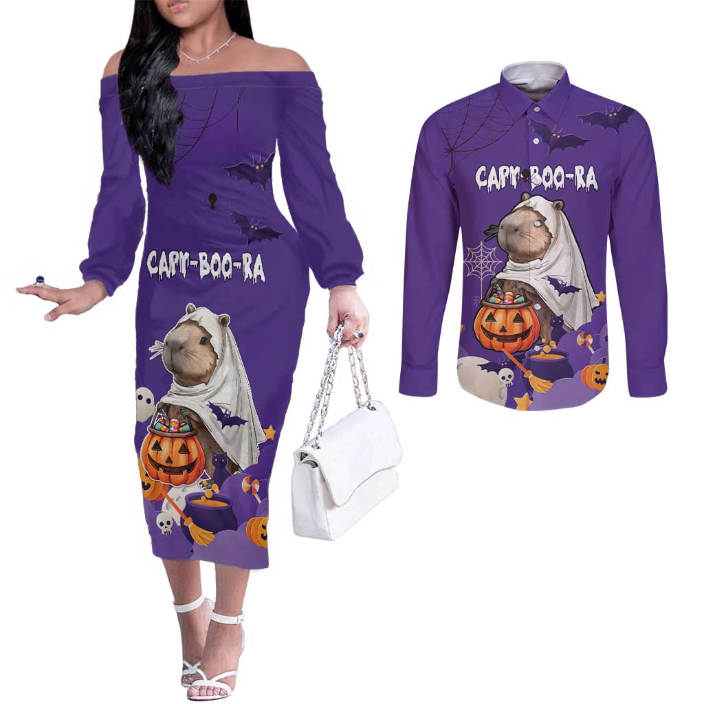 Capy-Boo-Ra Halloween Couples Matching Off The Shoulder Long Sleeve Dress and Long Sleeve Button Shirt Bats And Pumpkins Funny Style