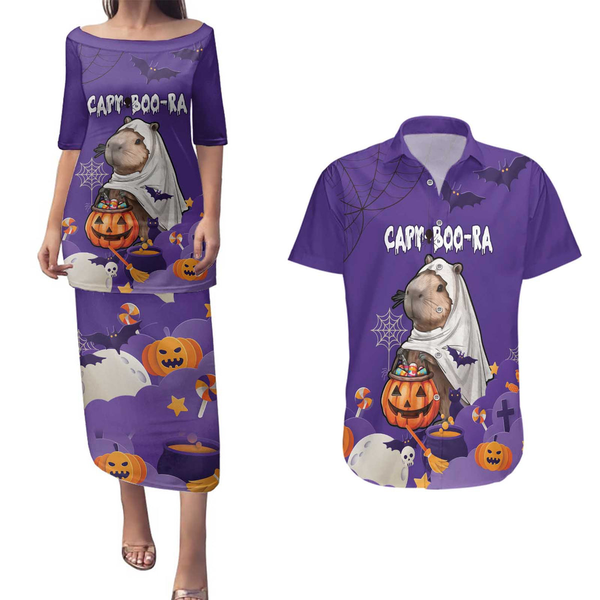 Capy-Boo-Ra Halloween Couples Matching Puletasi and Hawaiian Shirt Bats And Pumpkins Funny Style - Wonder Print Shop