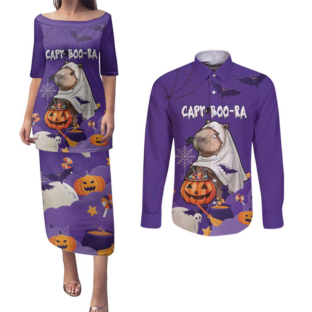Capy-Boo-Ra Halloween Couples Matching Puletasi and Long Sleeve Button Shirt Bats And Pumpkins Funny Style - Wonder Print Shop