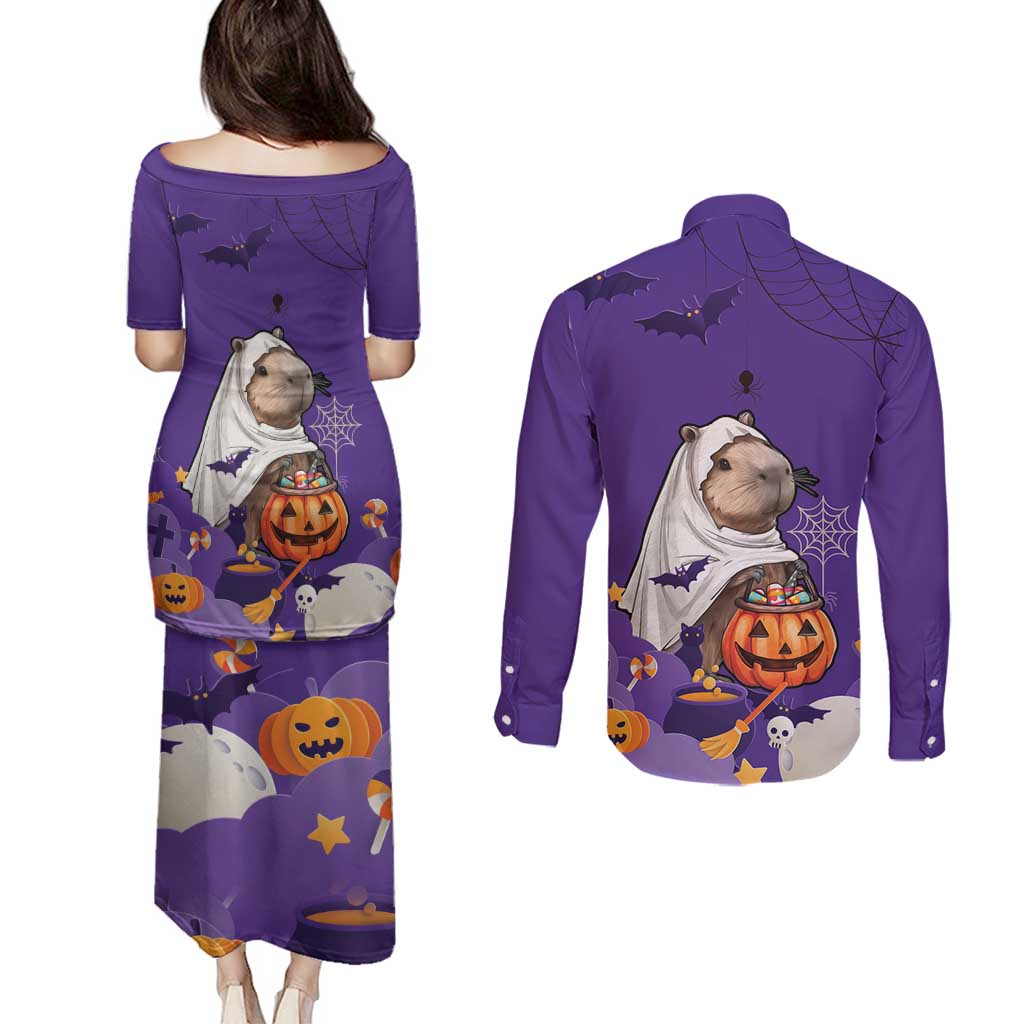 Capy-Boo-Ra Halloween Couples Matching Puletasi and Long Sleeve Button Shirt Bats And Pumpkins Funny Style - Wonder Print Shop