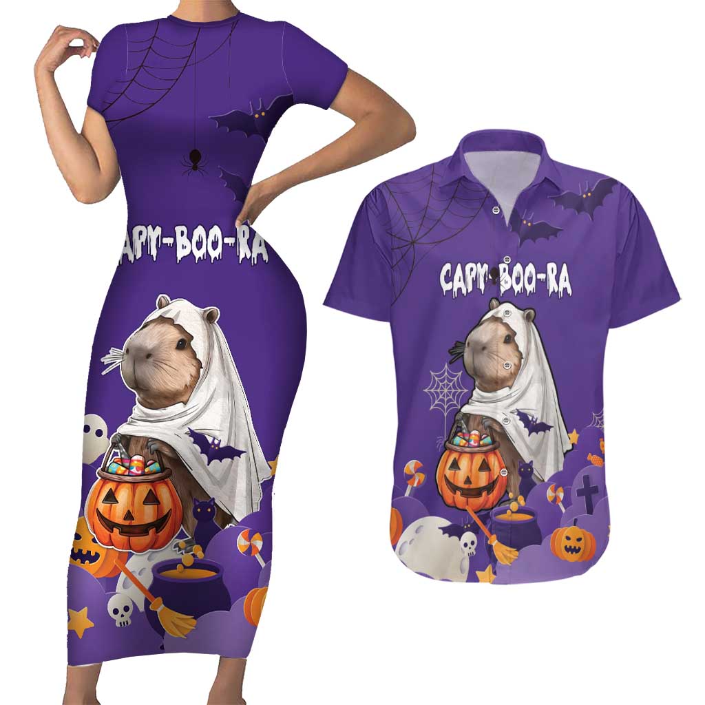 Capy-Boo-Ra Halloween Couples Matching Short Sleeve Bodycon Dress and Hawaiian Shirt Bats And Pumpkins Funny Style - Wonder Print Shop