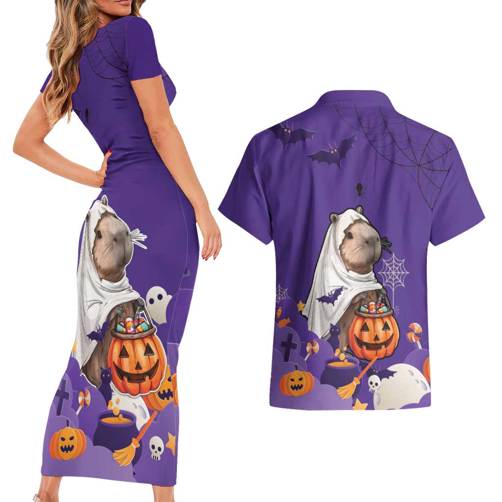 Capy-Boo-Ra Halloween Couples Matching Short Sleeve Bodycon Dress and Hawaiian Shirt Bats And Pumpkins Funny Style - Wonder Print Shop