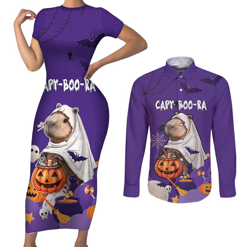 Capy-Boo-Ra Halloween Couples Matching Short Sleeve Bodycon Dress and Long Sleeve Button Shirt Bats And Pumpkins Funny Style - Wonder Print Shop