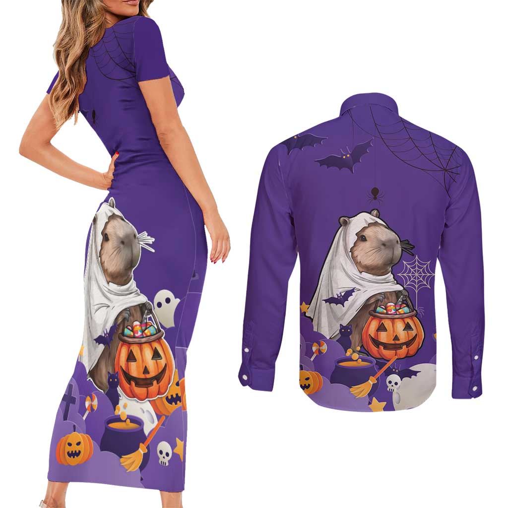 Capy-Boo-Ra Halloween Couples Matching Short Sleeve Bodycon Dress and Long Sleeve Button Shirt Bats And Pumpkins Funny Style - Wonder Print Shop