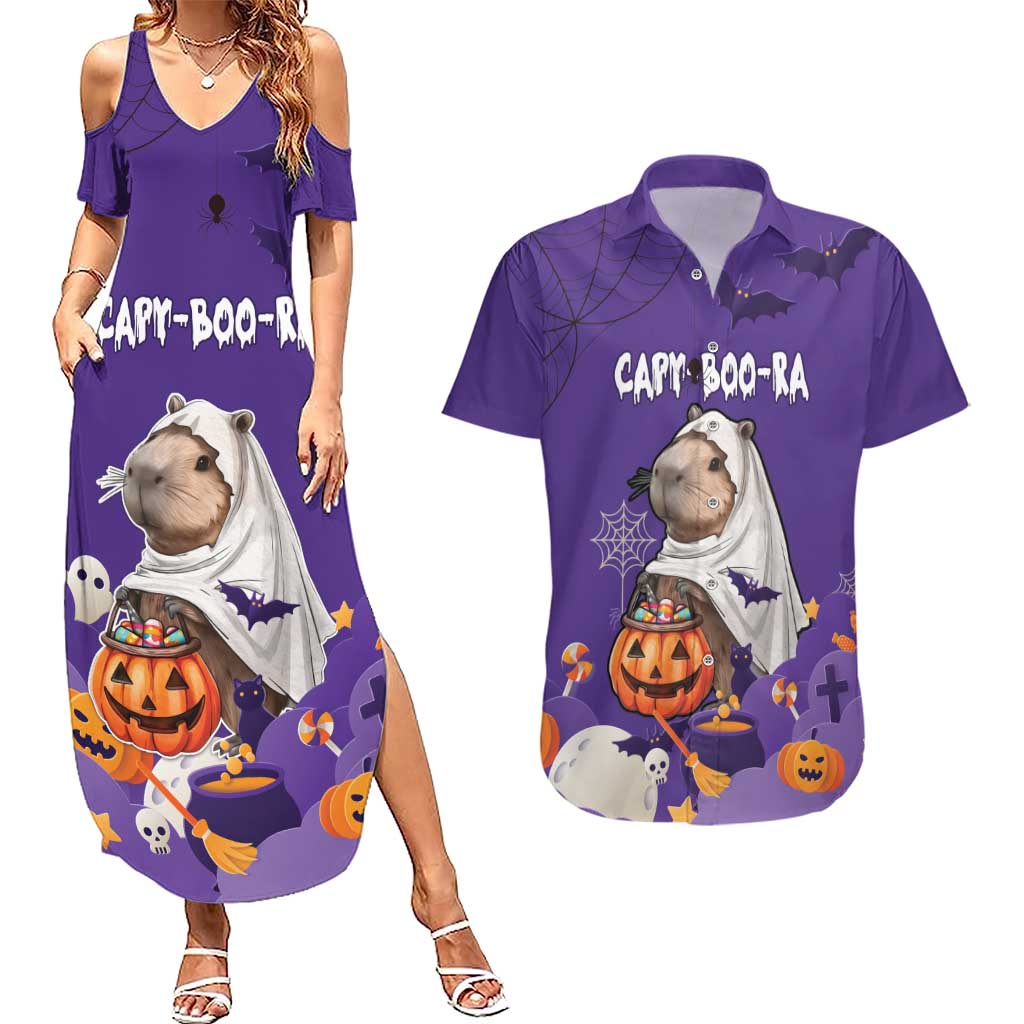 Capy-Boo-Ra Halloween Couples Matching Summer Maxi Dress and Hawaiian Shirt Bats And Pumpkins Funny Style - Wonder Print Shop