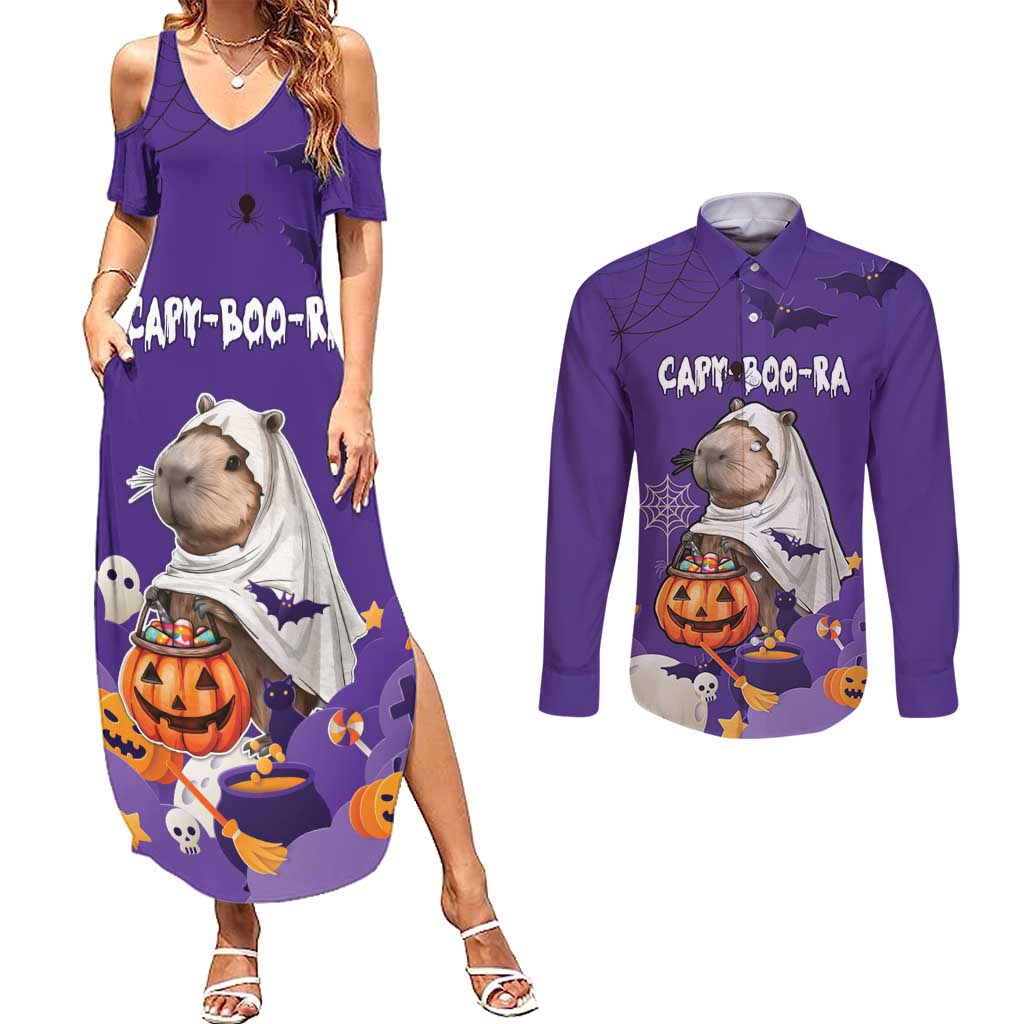 Capy-Boo-Ra Halloween Couples Matching Summer Maxi Dress and Long Sleeve Button Shirt Bats And Pumpkins Funny Style - Wonder Print Shop