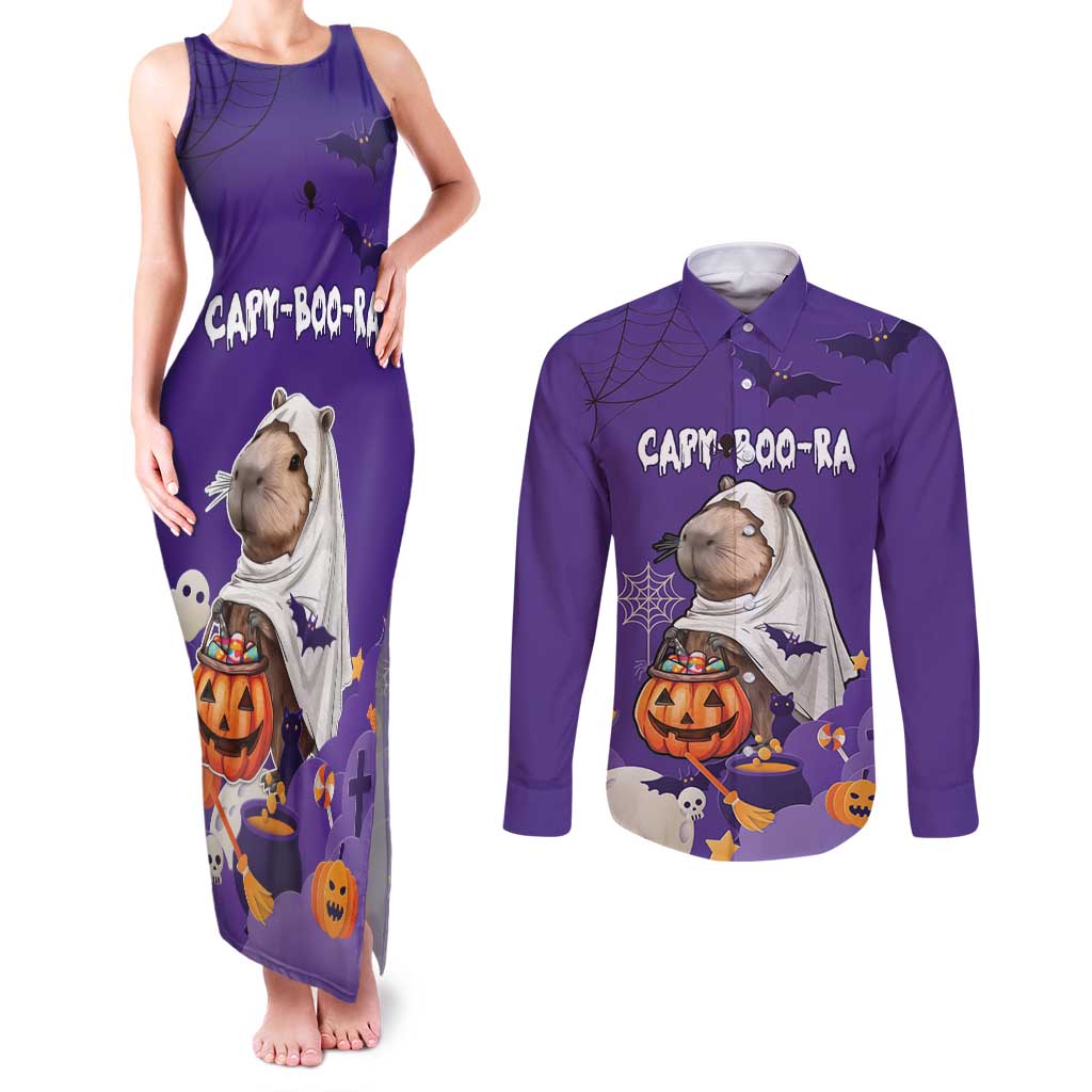 Capy-Boo-Ra Halloween Couples Matching Tank Maxi Dress and Long Sleeve Button Shirt Bats And Pumpkins Funny Style - Wonder Print Shop