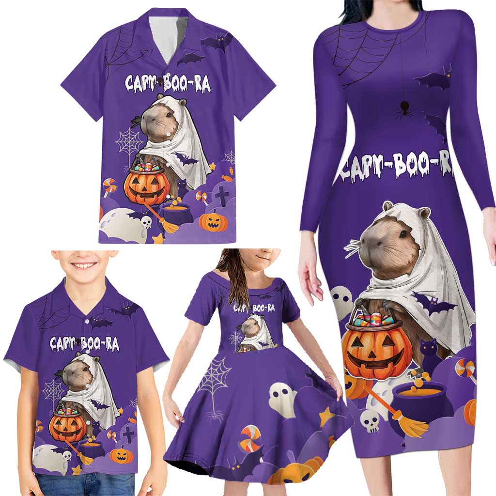 Capy-Boo-Ra Halloween Family Matching Long Sleeve Bodycon Dress and Hawaiian Shirt Bats And Pumpkins Funny Style - Wonder Print Shop