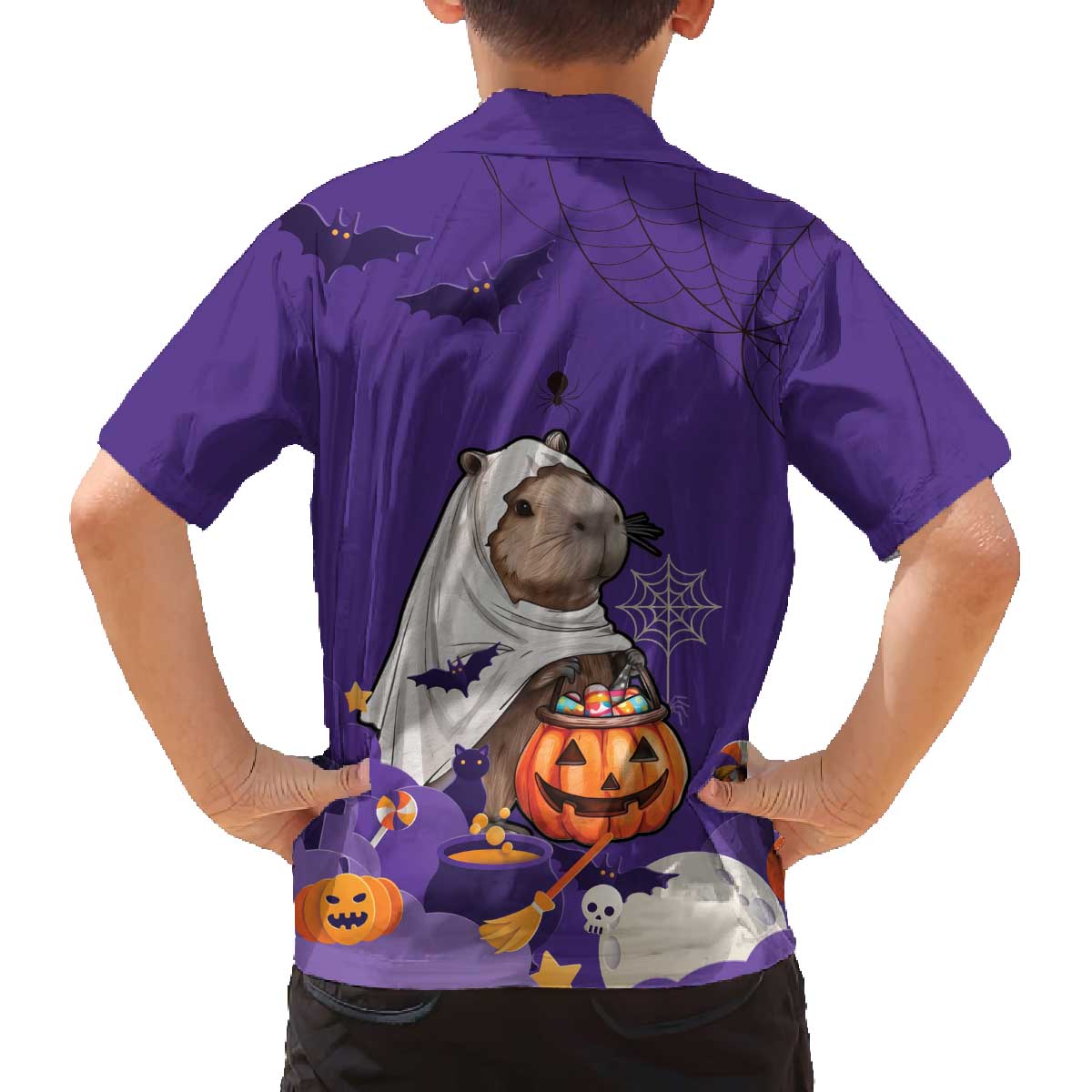 Capy-Boo-Ra Halloween Family Matching Off The Shoulder Long Sleeve Dress and Hawaiian Shirt Bats And Pumpkins Funny Style - Wonder Print Shop