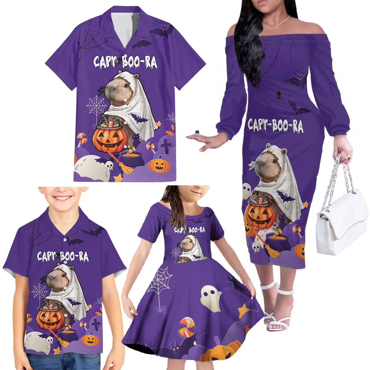 Capy-Boo-Ra Halloween Family Matching Off The Shoulder Long Sleeve Dress and Hawaiian Shirt Bats And Pumpkins Funny Style - Wonder Print Shop