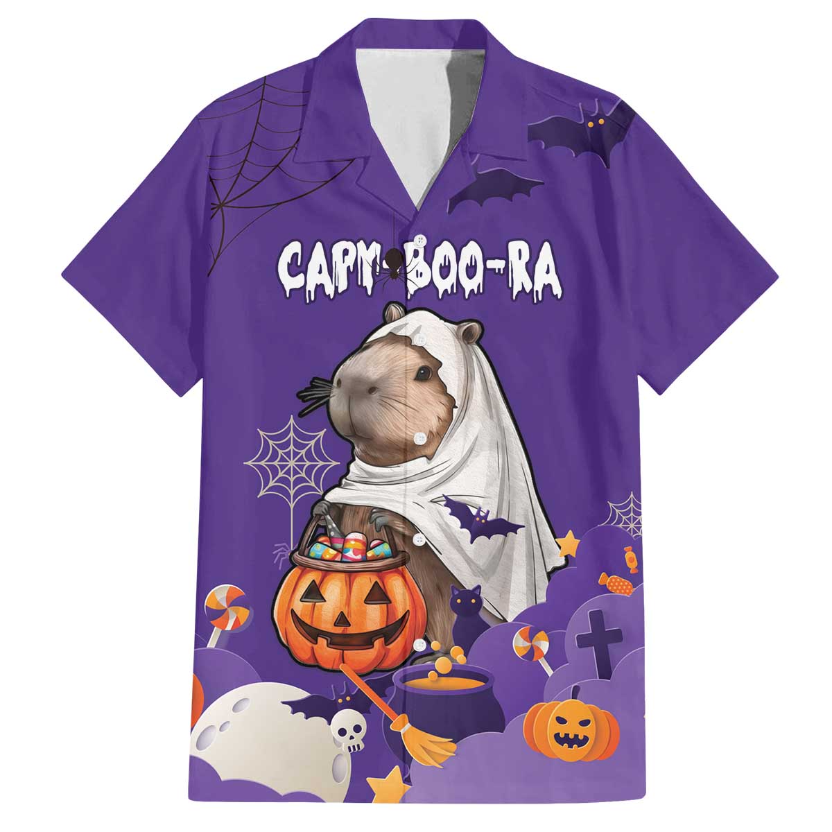Capy-Boo-Ra Halloween Family Matching Off The Shoulder Long Sleeve Dress and Hawaiian Shirt Bats And Pumpkins Funny Style - Wonder Print Shop