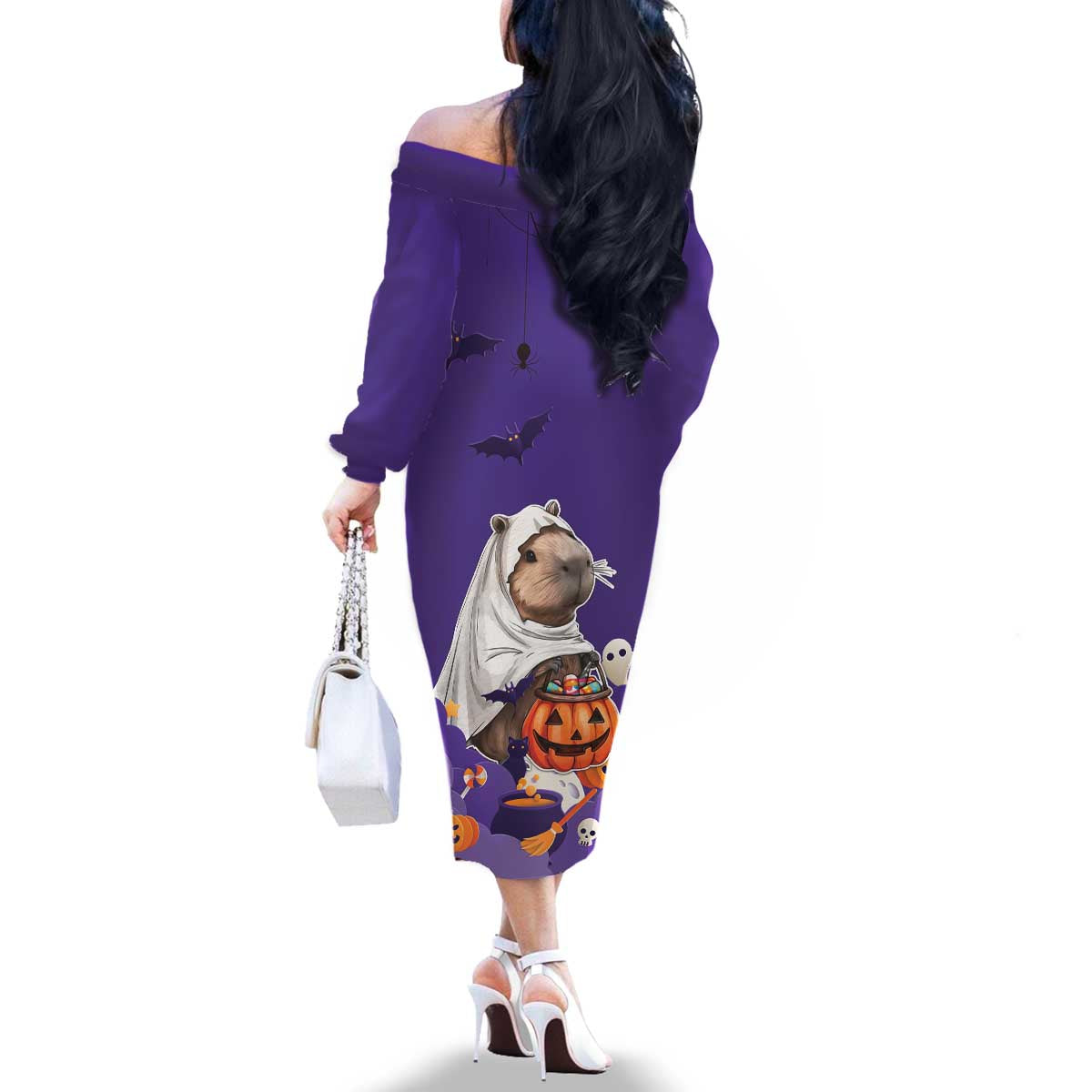 Capy-Boo-Ra Halloween Family Matching Off The Shoulder Long Sleeve Dress and Hawaiian Shirt Bats And Pumpkins Funny Style - Wonder Print Shop