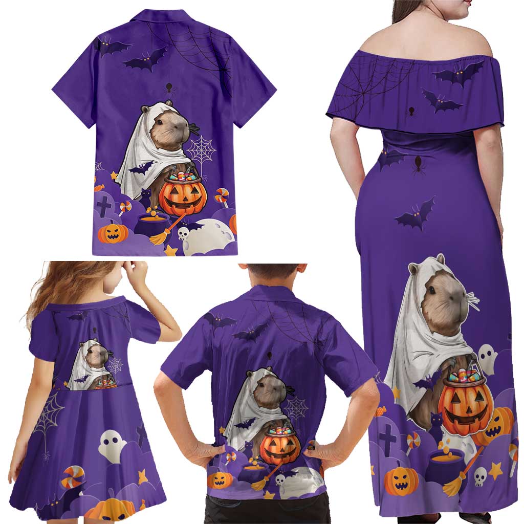 Capy-Boo-Ra Halloween Family Matching Off Shoulder Maxi Dress and Hawaiian Shirt Bats And Pumpkins Funny Style - Wonder Print Shop
