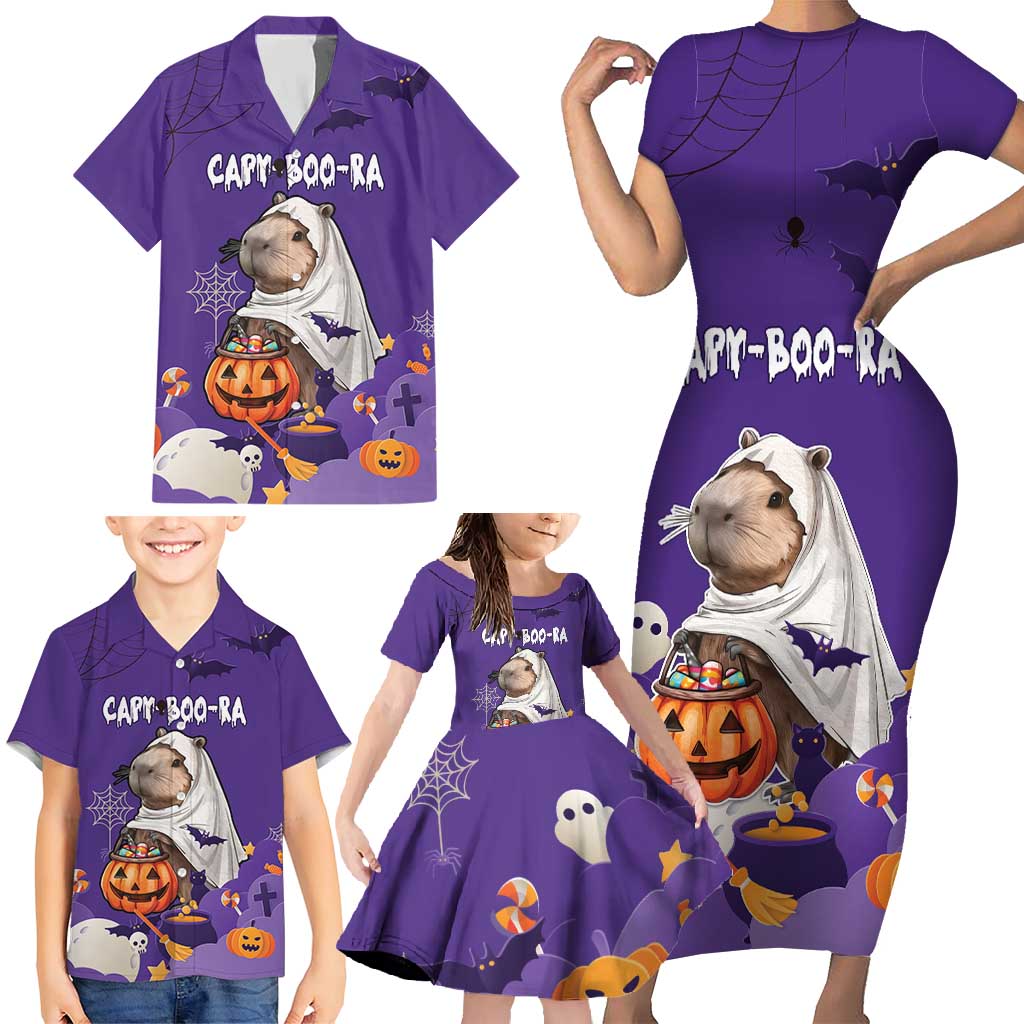 Capy-Boo-Ra Halloween Family Matching Short Sleeve Bodycon Dress and Hawaiian Shirt Bats And Pumpkins Funny Style - Wonder Print Shop