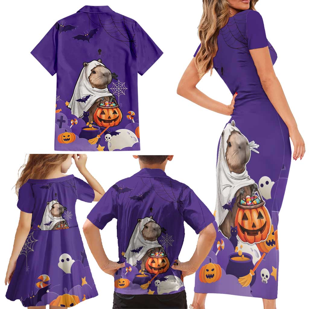 Capy-Boo-Ra Halloween Family Matching Short Sleeve Bodycon Dress and Hawaiian Shirt Bats And Pumpkins Funny Style - Wonder Print Shop