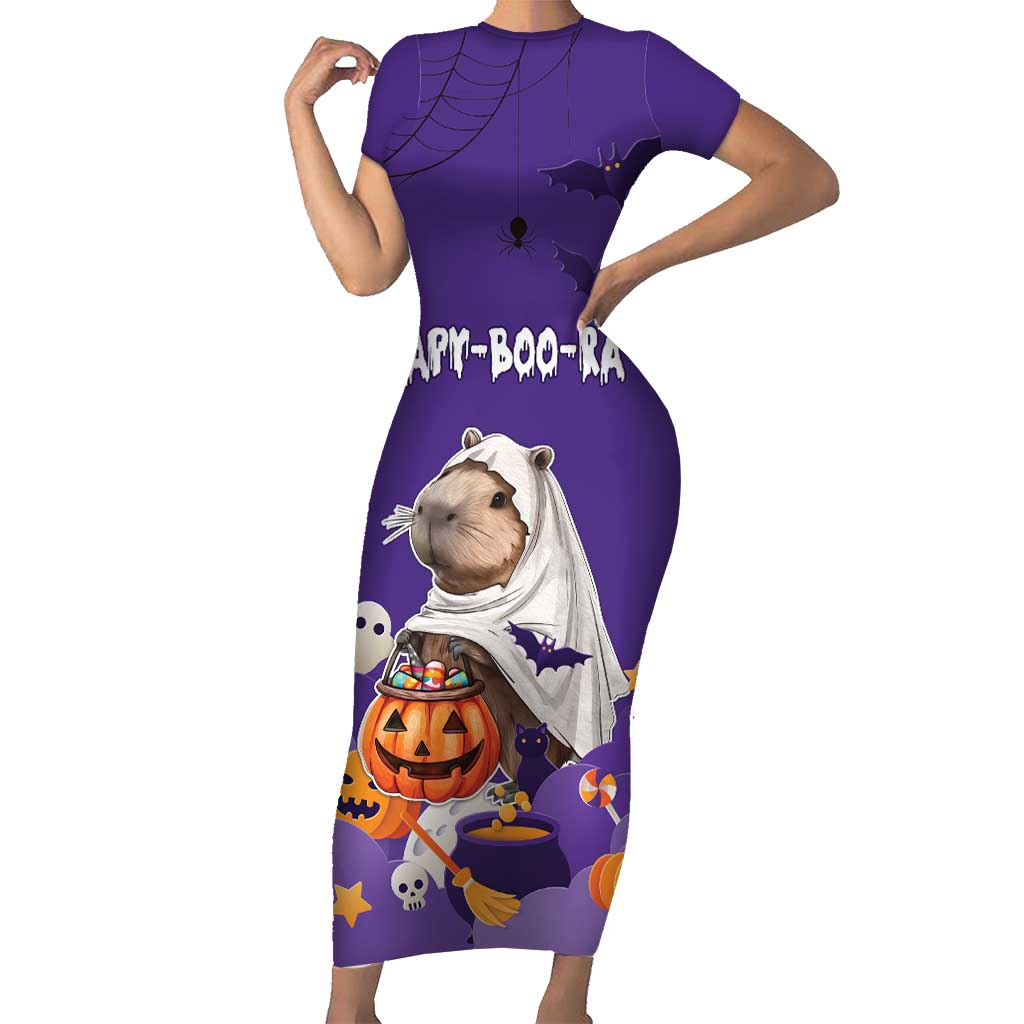 Capy-Boo-Ra Halloween Family Matching Short Sleeve Bodycon Dress and Hawaiian Shirt Bats And Pumpkins Funny Style - Wonder Print Shop