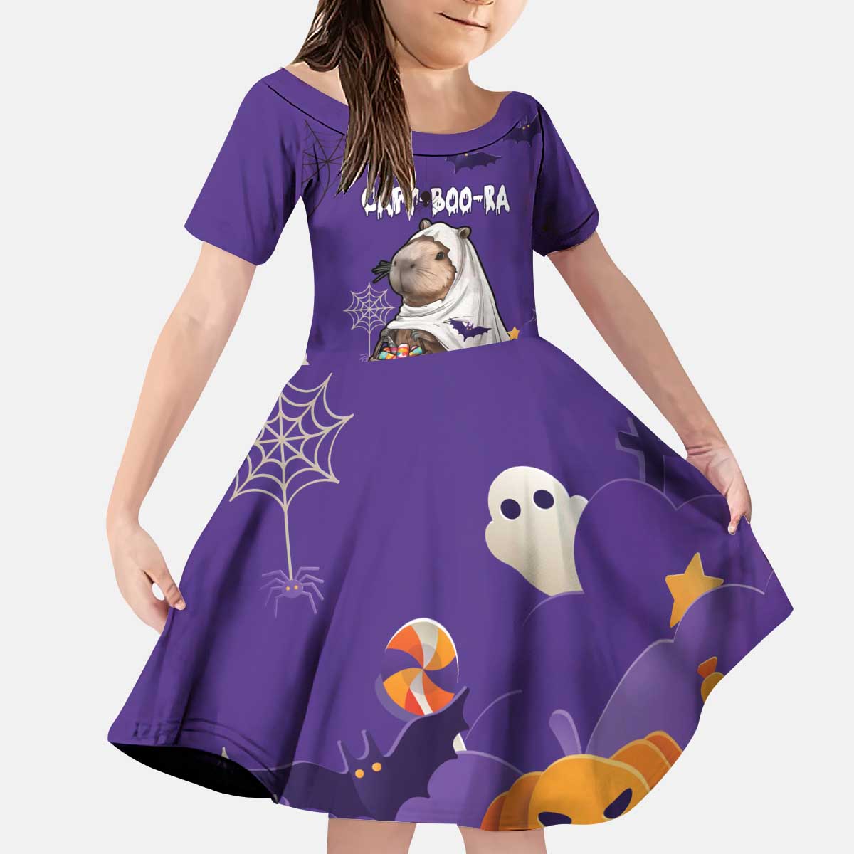 Capy-Boo-Ra Halloween Kid Short Sleeve Dress Bats And Pumpkins Funny Style - Wonder Print Shop