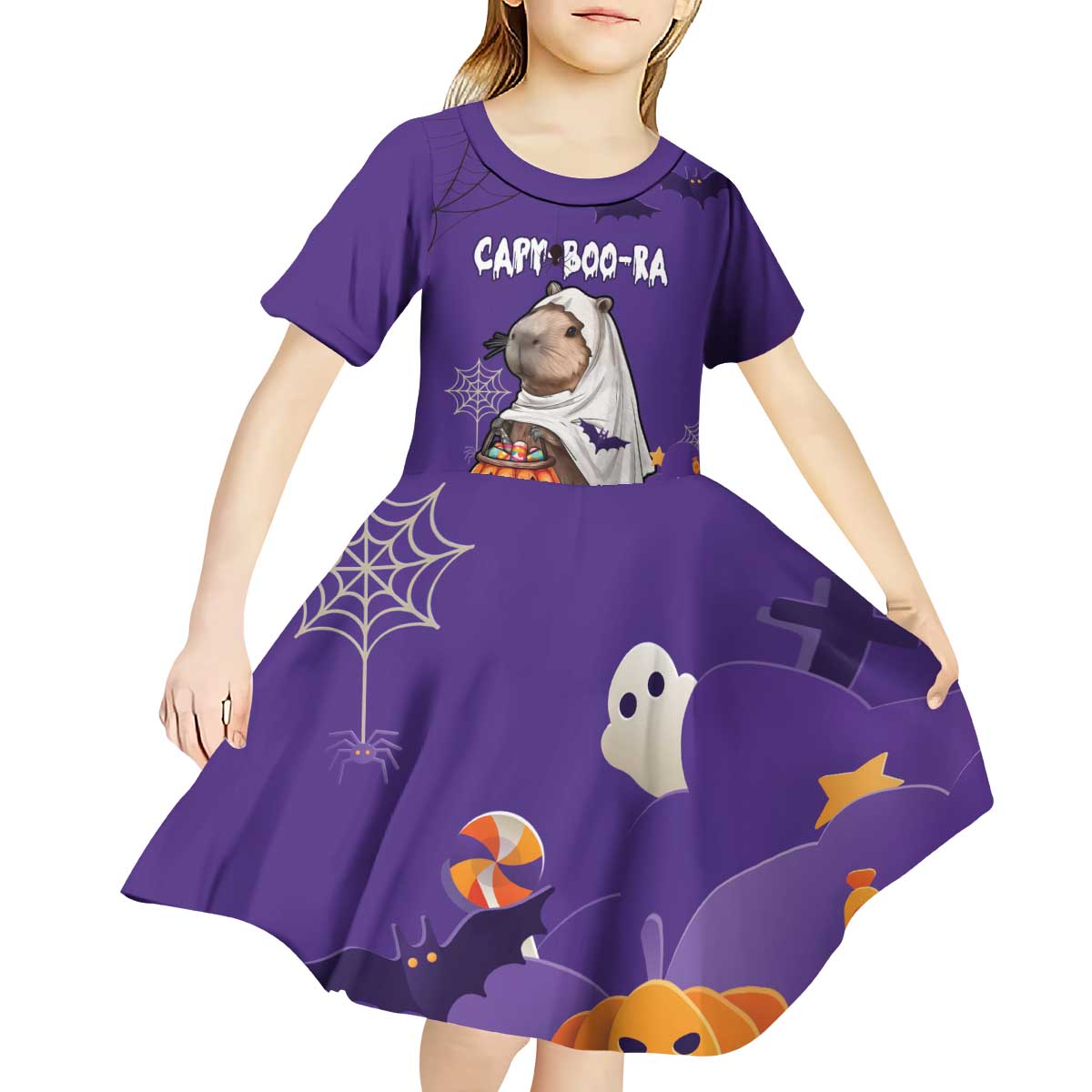Capy-Boo-Ra Halloween Kid Short Sleeve Dress Bats And Pumpkins Funny Style - Wonder Print Shop