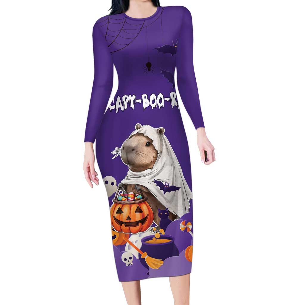 Capy-Boo-Ra Halloween Long Sleeve Bodycon Dress Bats And Pumpkins Funny Style - Wonder Print Shop