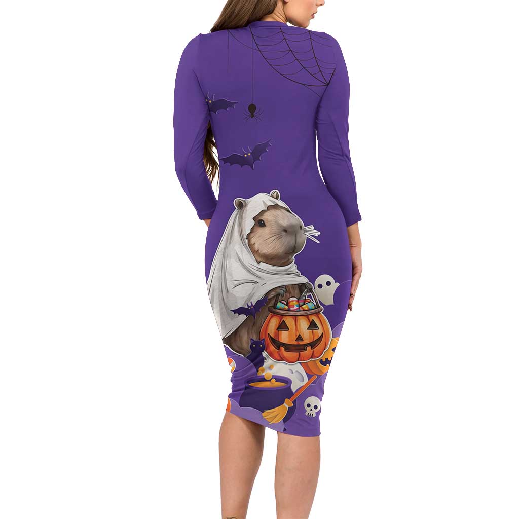 Capy-Boo-Ra Halloween Long Sleeve Bodycon Dress Bats And Pumpkins Funny Style - Wonder Print Shop