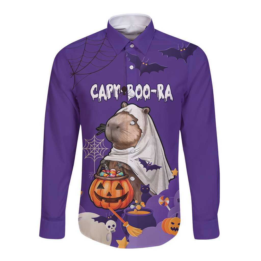 Capy-Boo-Ra Halloween Long Sleeve Button Shirt Bats And Pumpkins Funny Style - Wonder Print Shop