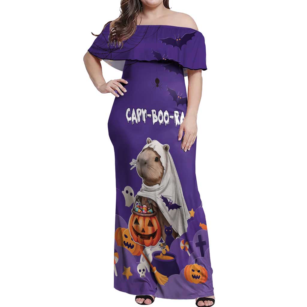 Capy-Boo-Ra Halloween Off Shoulder Maxi Dress Bats And Pumpkins Funny Style - Wonder Print Shop
