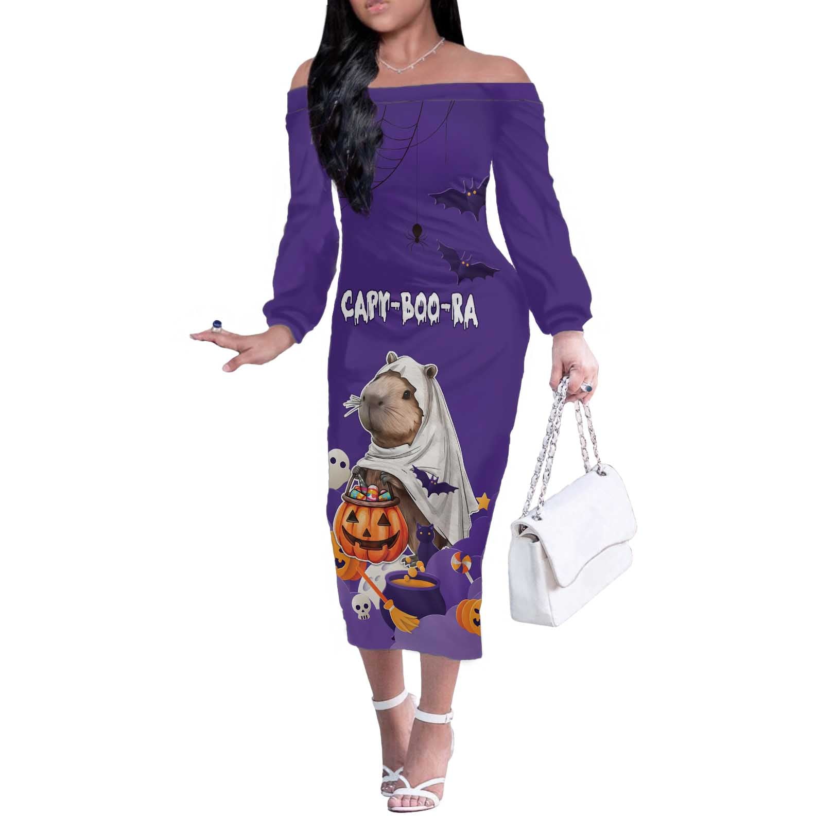 Capy-Boo-Ra Halloween Off The Shoulder Long Sleeve Dress Bats And Pumpkins Funny Style - Wonder Print Shop