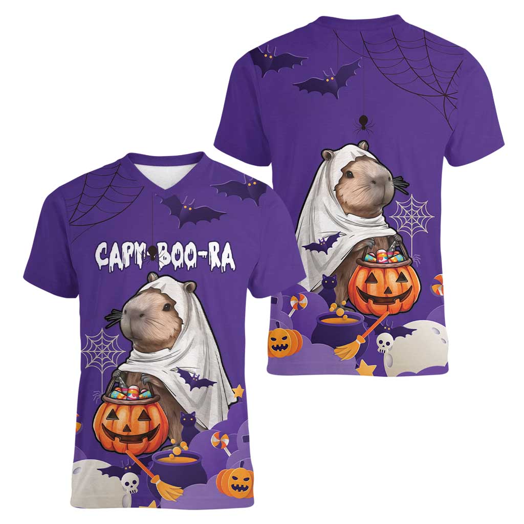 Capy-Boo-Ra Halloween Women V-Neck T-Shirt Bats And Pumpkins Funny Style - Wonder Print Shop
