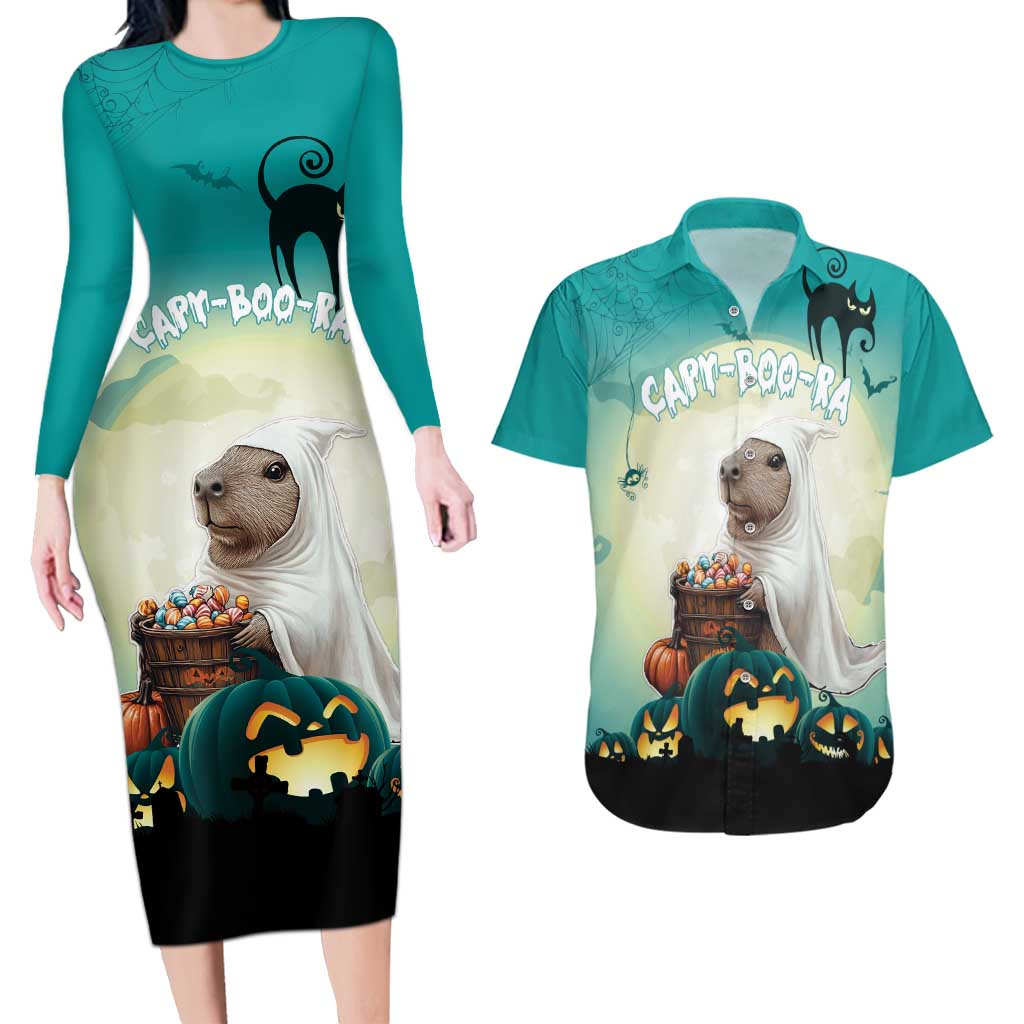 Capy-Boo-Ra Halloween Couples Matching Long Sleeve Bodycon Dress and Hawaiian Shirt Spooky Halloween Night With Pumpkins - Wonder Print Shop