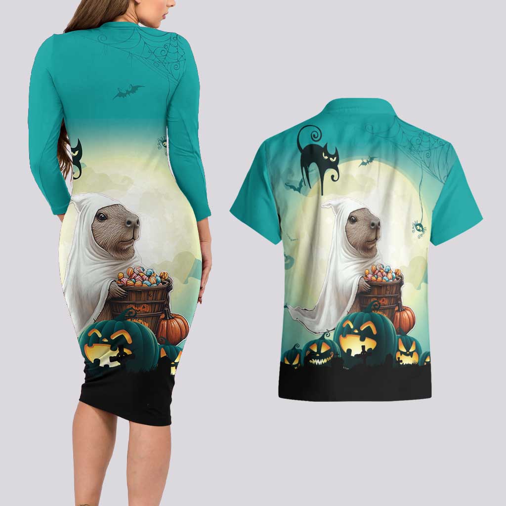 Capy-Boo-Ra Halloween Couples Matching Long Sleeve Bodycon Dress and Hawaiian Shirt Spooky Halloween Night With Pumpkins - Wonder Print Shop
