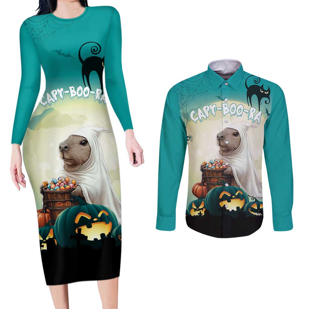 Capy-Boo-Ra Halloween Couples Matching Long Sleeve Bodycon Dress and Long Sleeve Button Shirt Spooky Halloween Night With Pumpkins - Wonder Print Shop