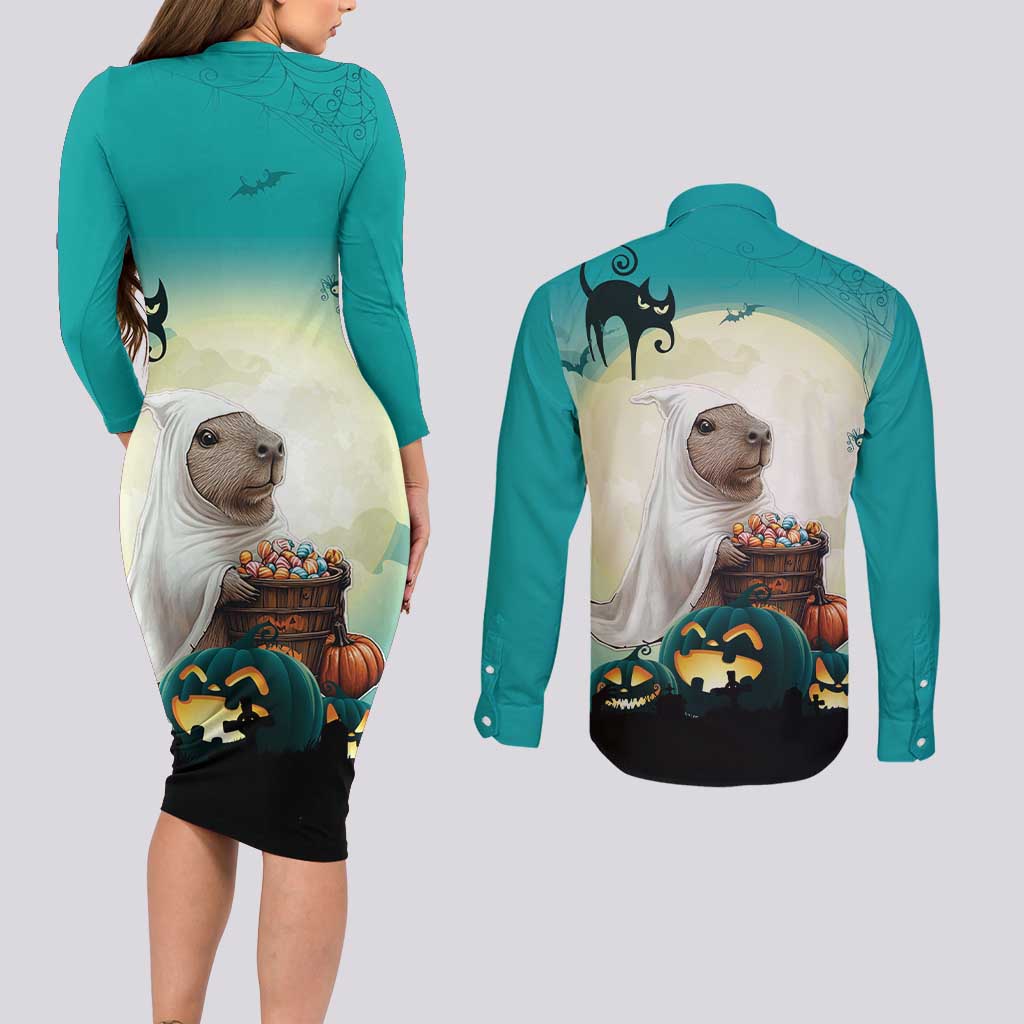 Capy-Boo-Ra Halloween Couples Matching Long Sleeve Bodycon Dress and Long Sleeve Button Shirt Spooky Halloween Night With Pumpkins - Wonder Print Shop