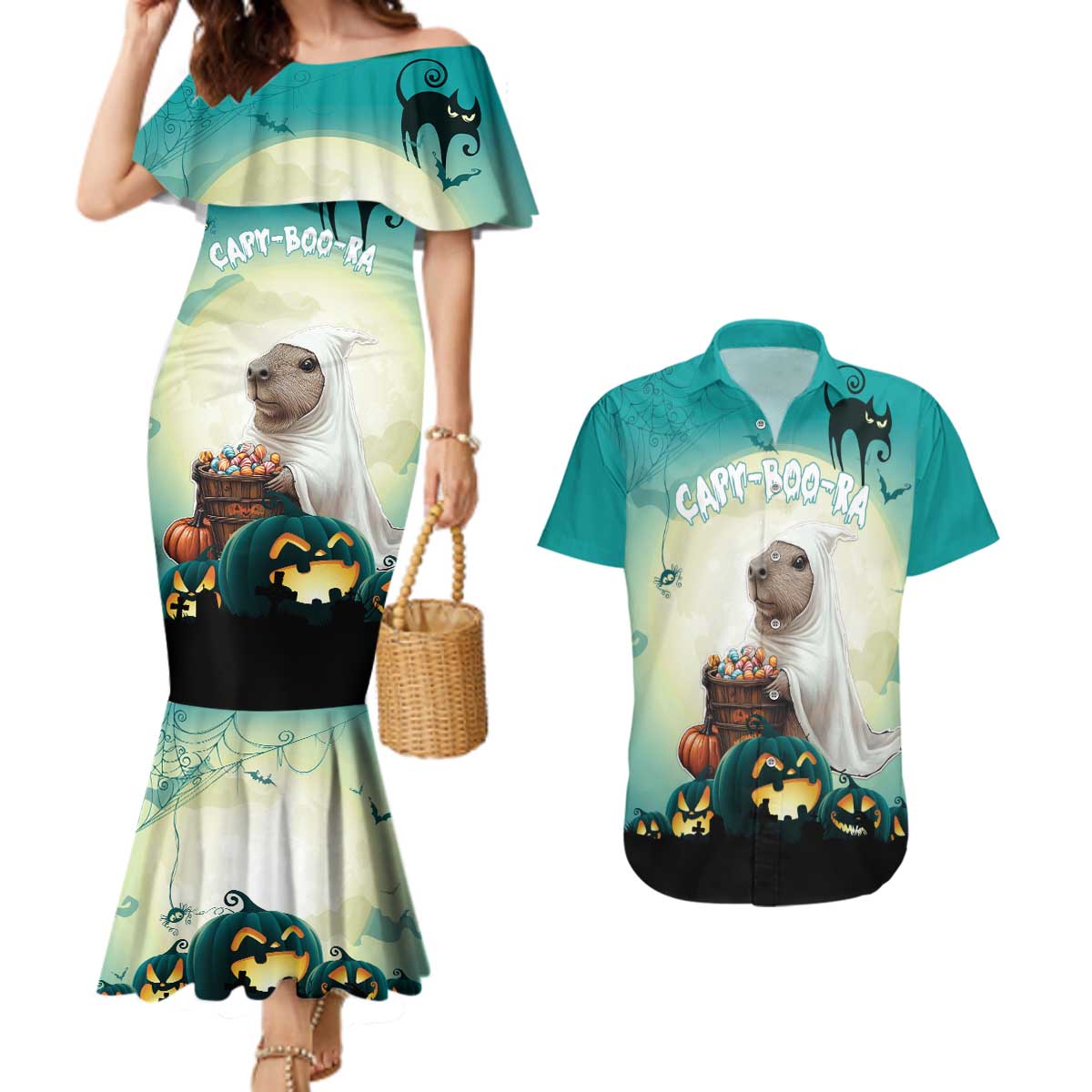 Capy-Boo-Ra Halloween Couples Matching Mermaid Dress and Hawaiian Shirt Spooky Halloween Night With Pumpkins - Wonder Print Shop