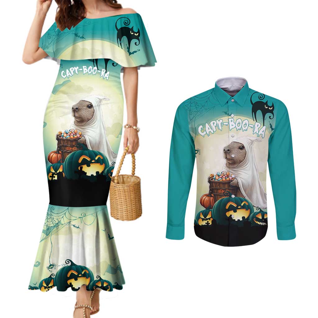 Capy-Boo-Ra Halloween Couples Matching Mermaid Dress and Long Sleeve Button Shirt Spooky Halloween Night With Pumpkins
