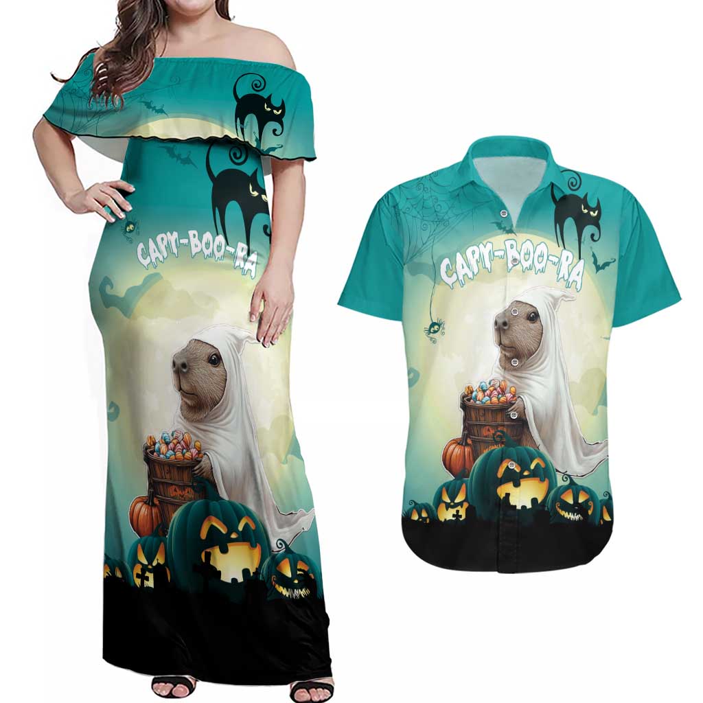 Capy-Boo-Ra Halloween Couples Matching Off Shoulder Maxi Dress and Hawaiian Shirt Spooky Halloween Night With Pumpkins - Wonder Print Shop