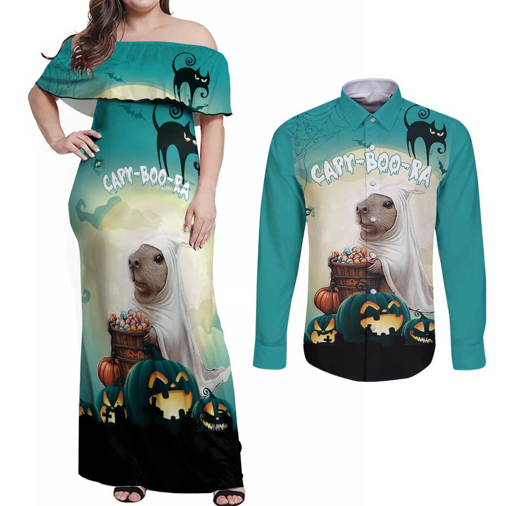 Capy-Boo-Ra Halloween Couples Matching Off Shoulder Maxi Dress and Long Sleeve Button Shirt Spooky Halloween Night With Pumpkins - Wonder Print Shop