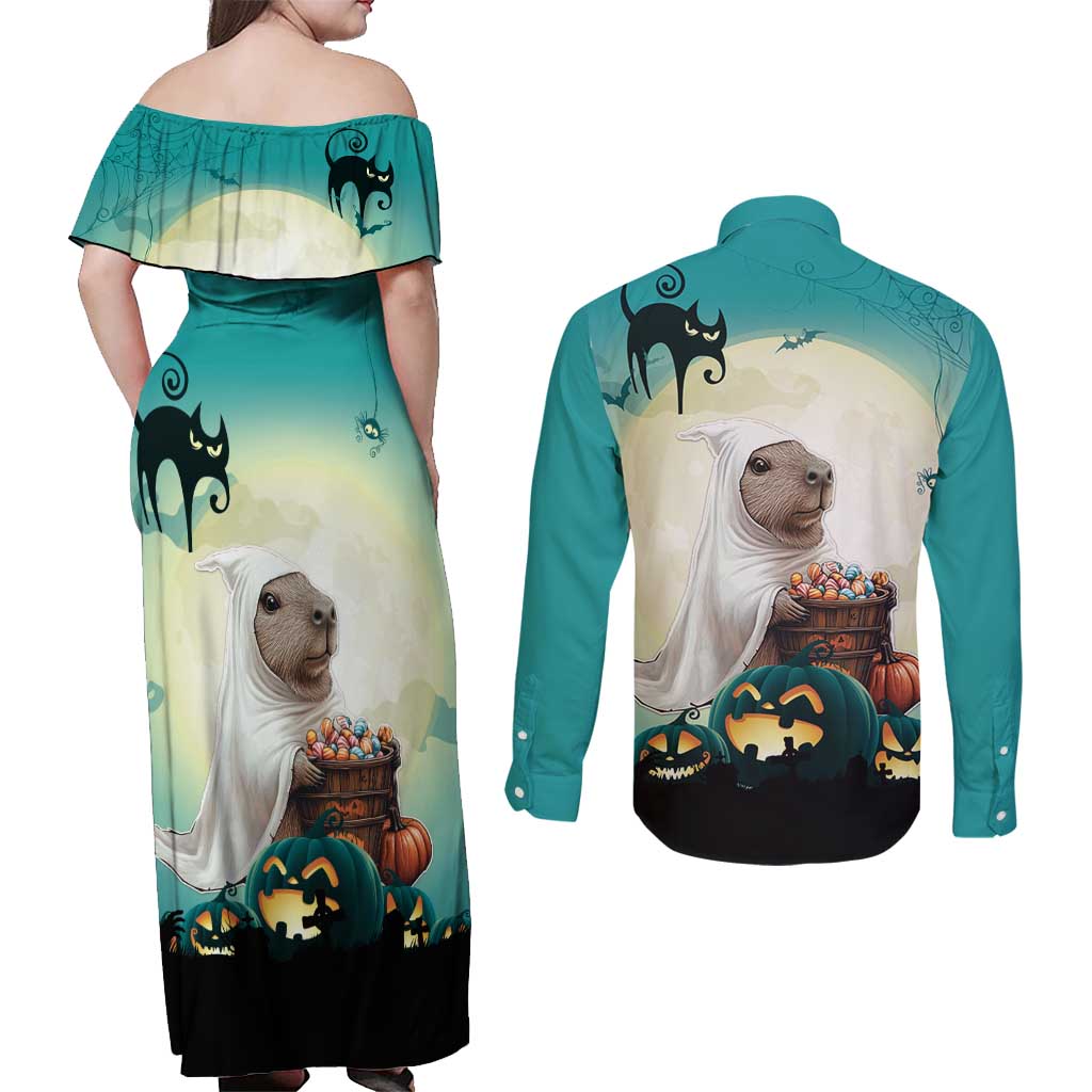 Capy-Boo-Ra Halloween Couples Matching Off Shoulder Maxi Dress and Long Sleeve Button Shirt Spooky Halloween Night With Pumpkins - Wonder Print Shop