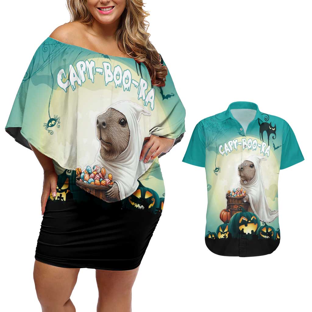 Capy-Boo-Ra Halloween Couples Matching Off Shoulder Short Dress and Hawaiian Shirt Spooky Halloween Night With Pumpkins - Wonder Print Shop