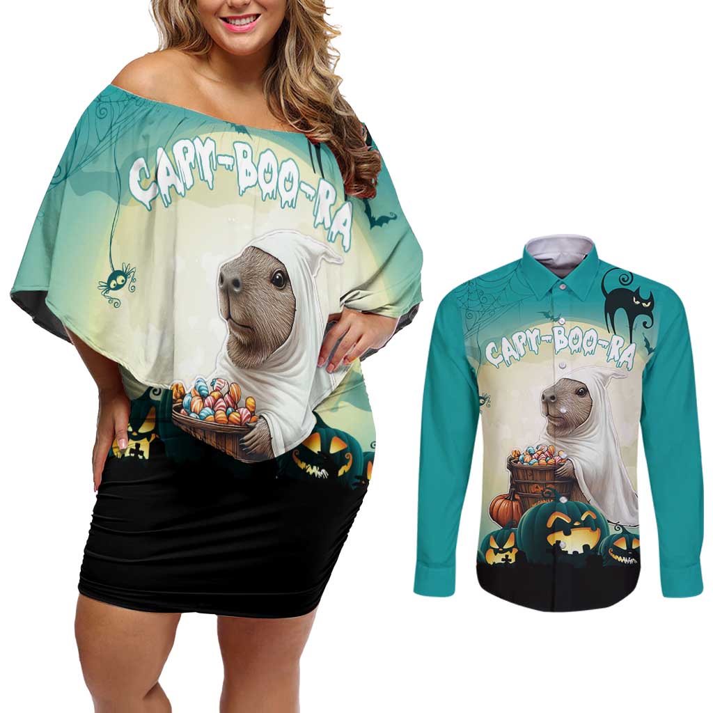Capy-Boo-Ra Halloween Couples Matching Off Shoulder Short Dress and Long Sleeve Button Shirt Spooky Halloween Night With Pumpkins - Wonder Print Shop