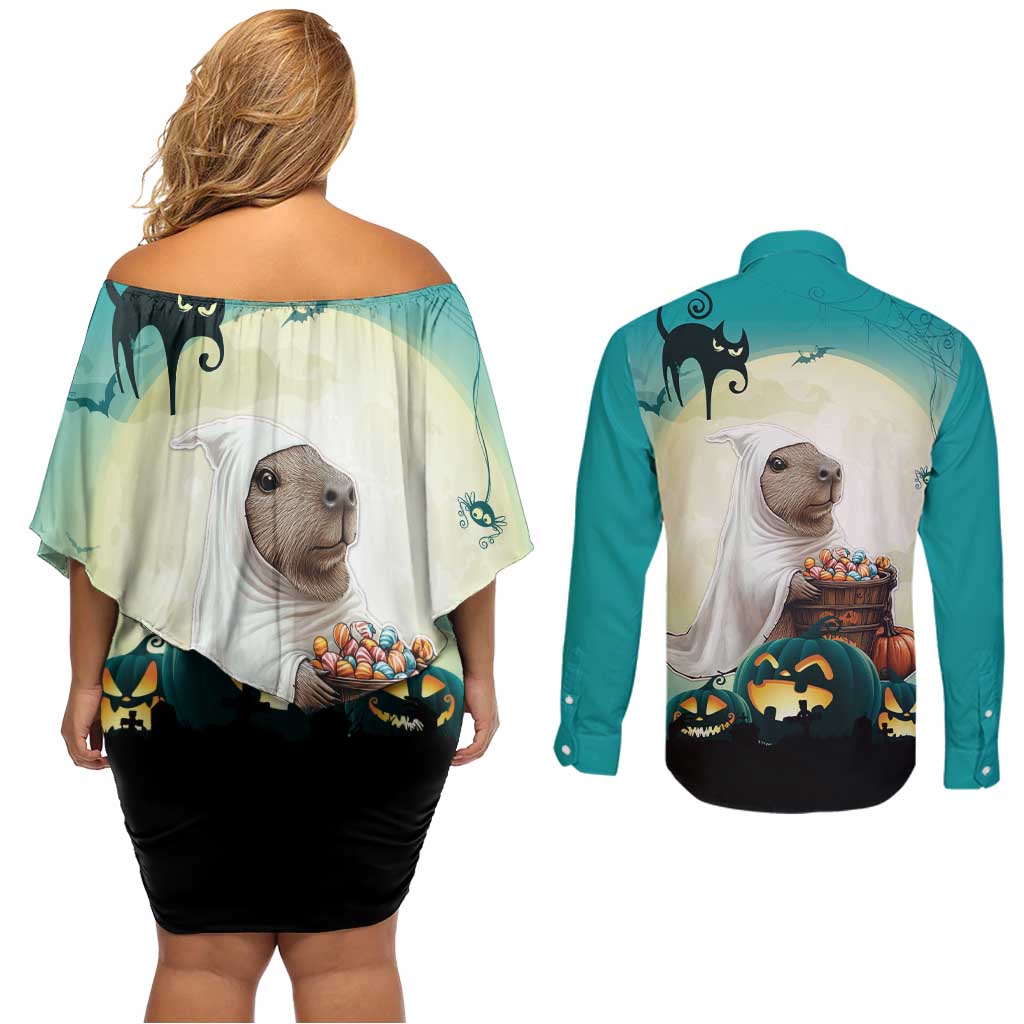 Capy-Boo-Ra Halloween Couples Matching Off Shoulder Short Dress and Long Sleeve Button Shirt Spooky Halloween Night With Pumpkins - Wonder Print Shop