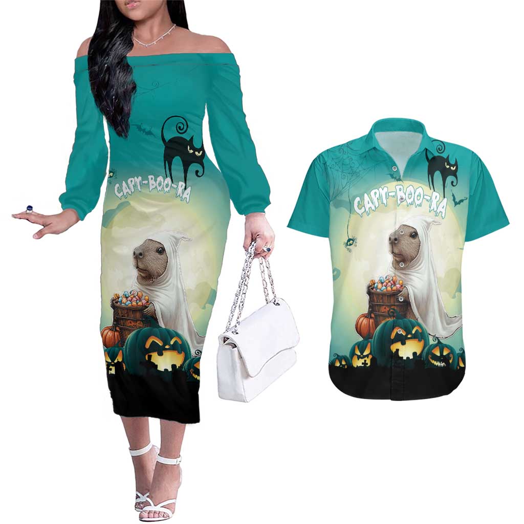 Capy-Boo-Ra Halloween Couples Matching Off The Shoulder Long Sleeve Dress and Hawaiian Shirt Spooky Halloween Night With Pumpkins - Wonder Print Shop