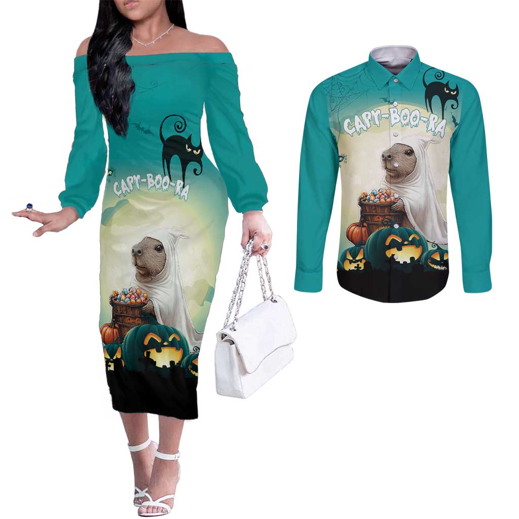 Capy-Boo-Ra Halloween Couples Matching Off The Shoulder Long Sleeve Dress and Long Sleeve Button Shirt Spooky Halloween Night With Pumpkins