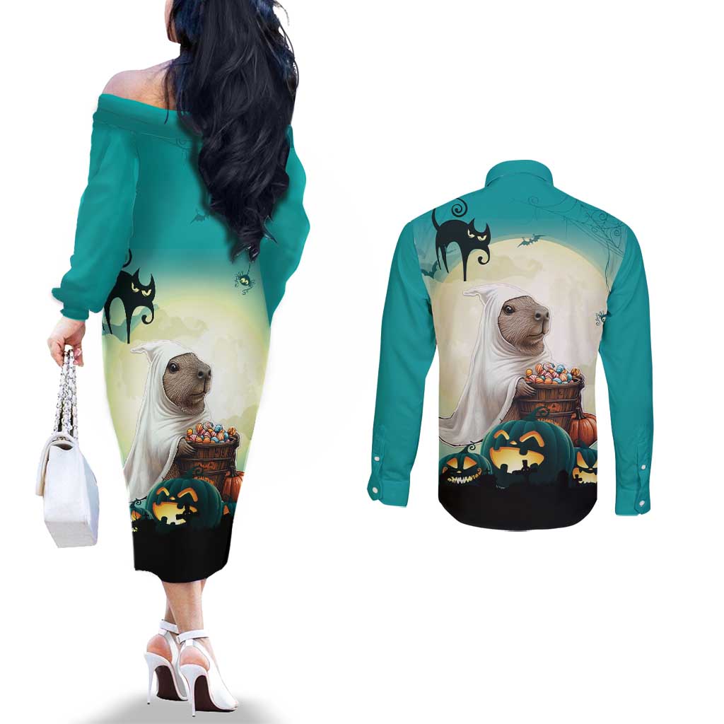Capy-Boo-Ra Halloween Couples Matching Off The Shoulder Long Sleeve Dress and Long Sleeve Button Shirt Spooky Halloween Night With Pumpkins
