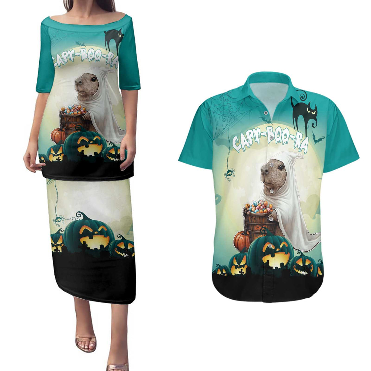 Capy-Boo-Ra Halloween Couples Matching Puletasi and Hawaiian Shirt Spooky Halloween Night With Pumpkins - Wonder Print Shop
