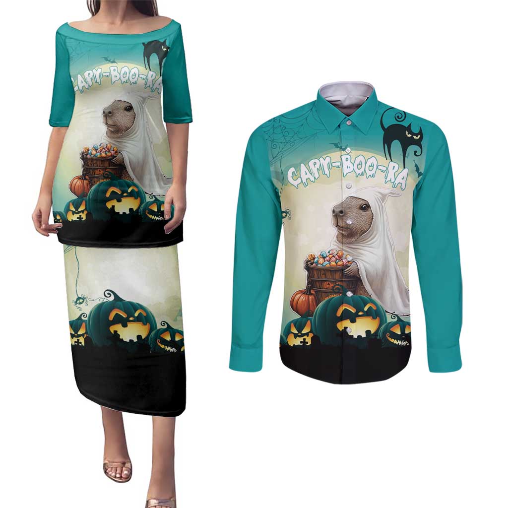 Capy-Boo-Ra Halloween Couples Matching Puletasi and Long Sleeve Button Shirt Spooky Halloween Night With Pumpkins - Wonder Print Shop