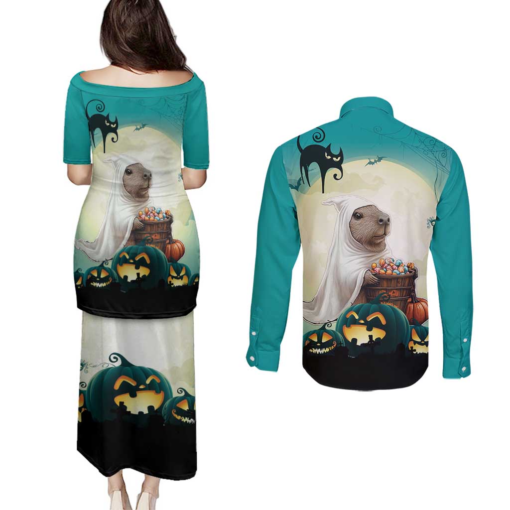 Capy-Boo-Ra Halloween Couples Matching Puletasi and Long Sleeve Button Shirt Spooky Halloween Night With Pumpkins - Wonder Print Shop